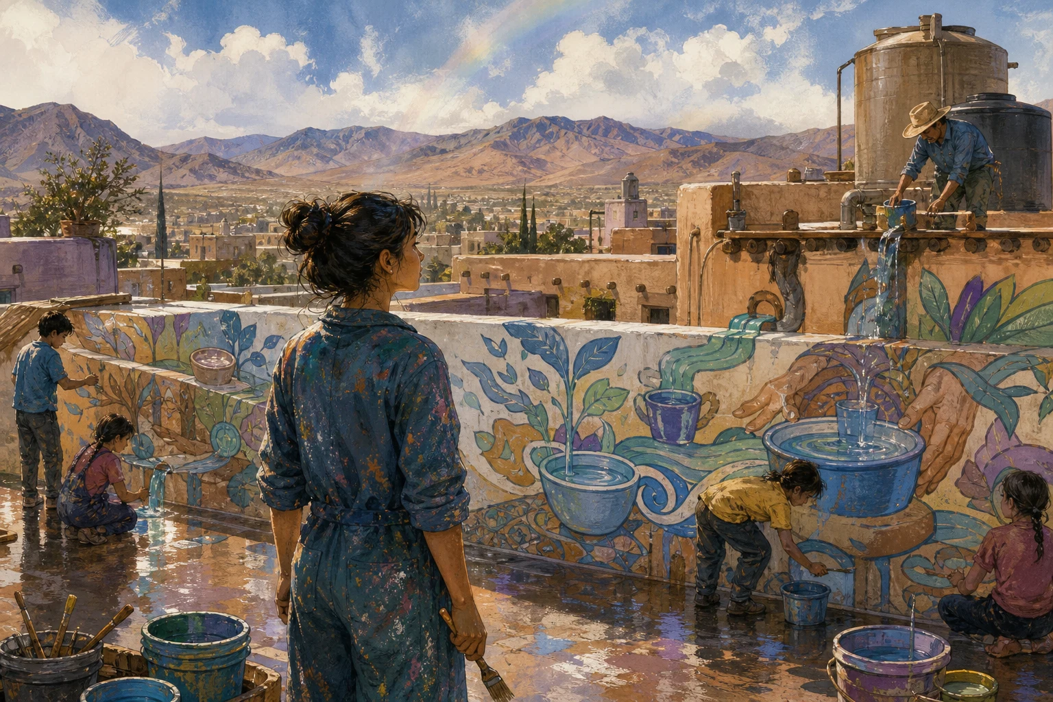 A young mural apprentice and neighbors add colorful water patterns to a rooftop bathhouse wall after a desert rain.