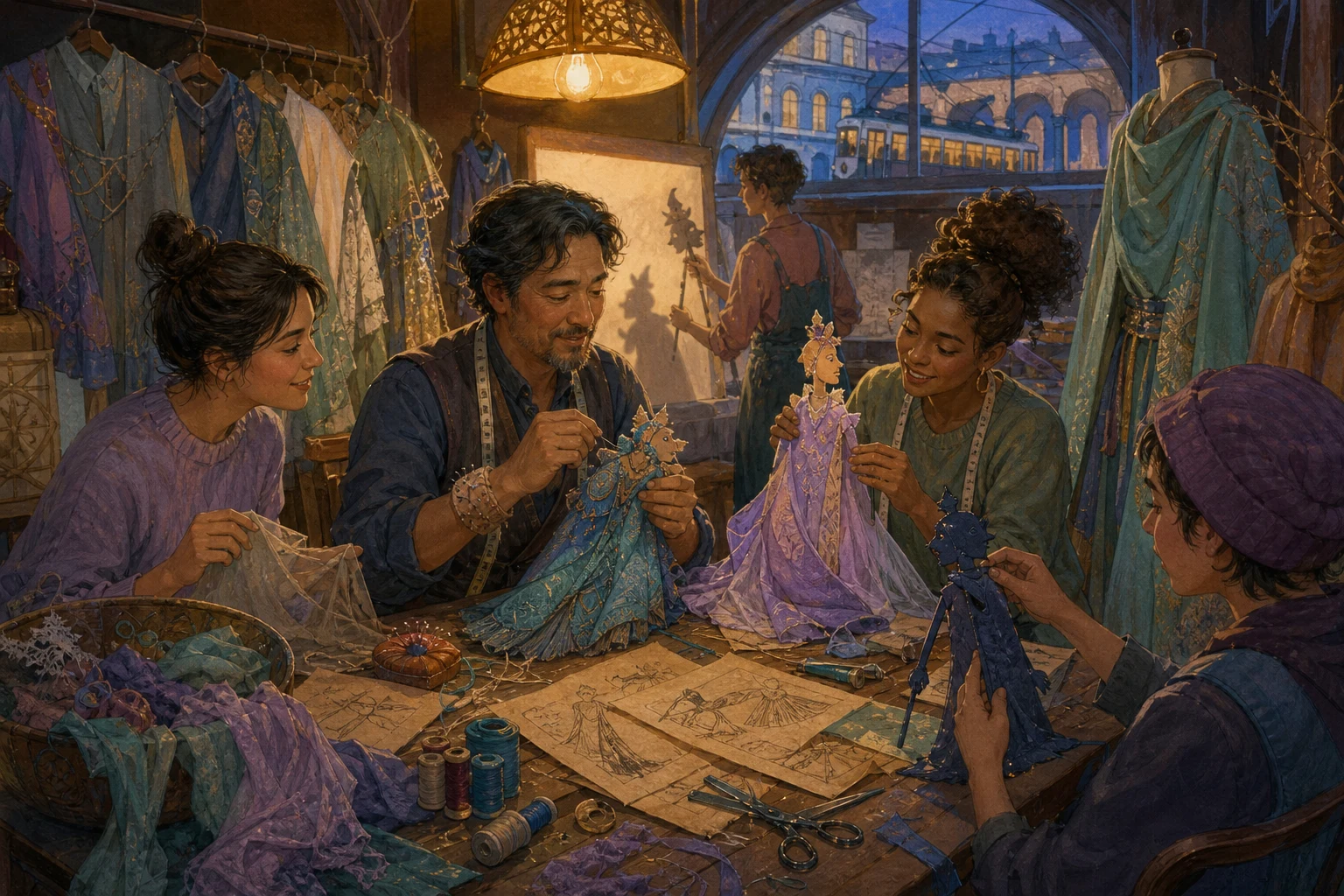 A tailor and volunteers create colorful shadow-play costumes together in a theater workshop.