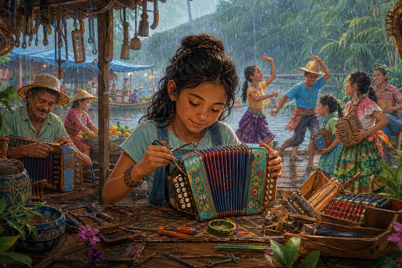 A young instrument repairer works beside students and dancers in a rain-filled riverside workshop.