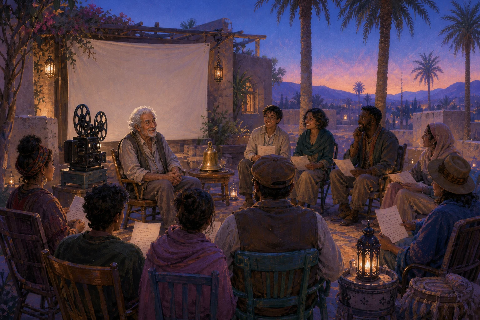 An older projectionist listens as amateur storytellers gather in a lantern-lit courtyard cinema.