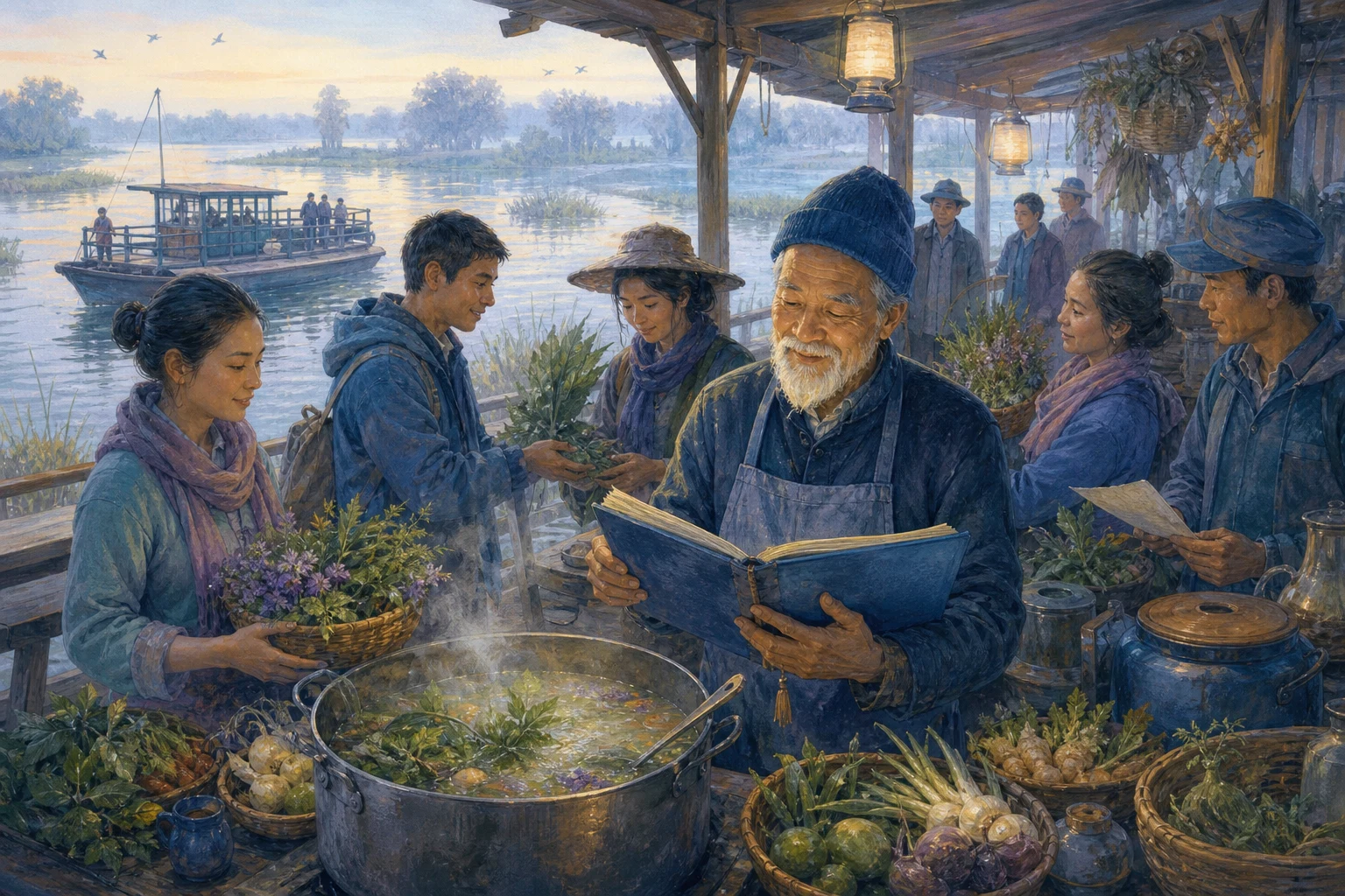A ferry cook opens a blue ledger beside a steaming communal meal while passengers contribute ingredients and recipes at dawn.