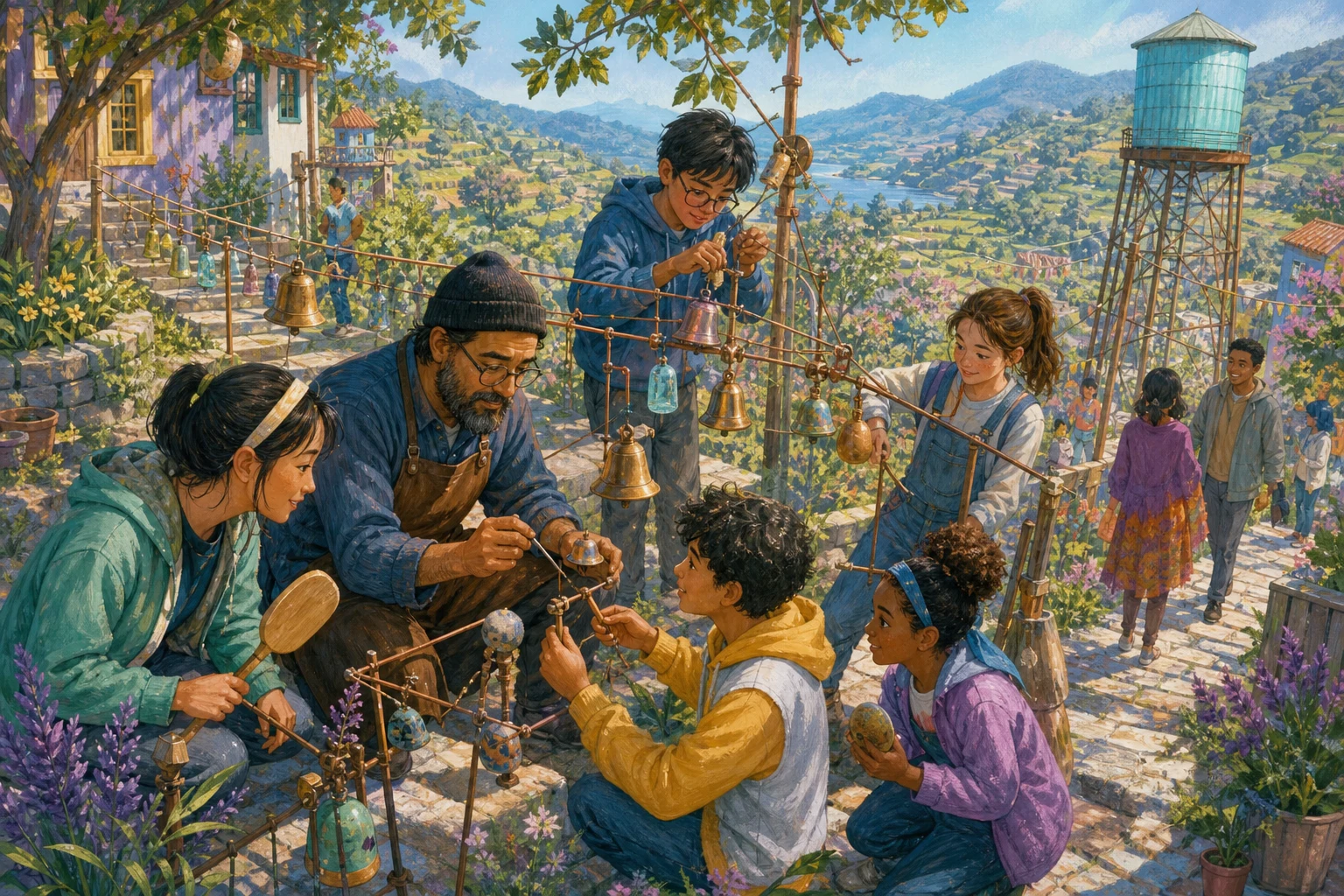 A bellmaker and students test a colorful bell path winding through terraced hillside gardens.