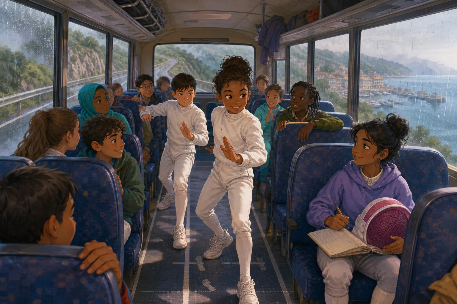 Young fencers practice safe footwork together on a rainy bus ride toward their sports hall.
