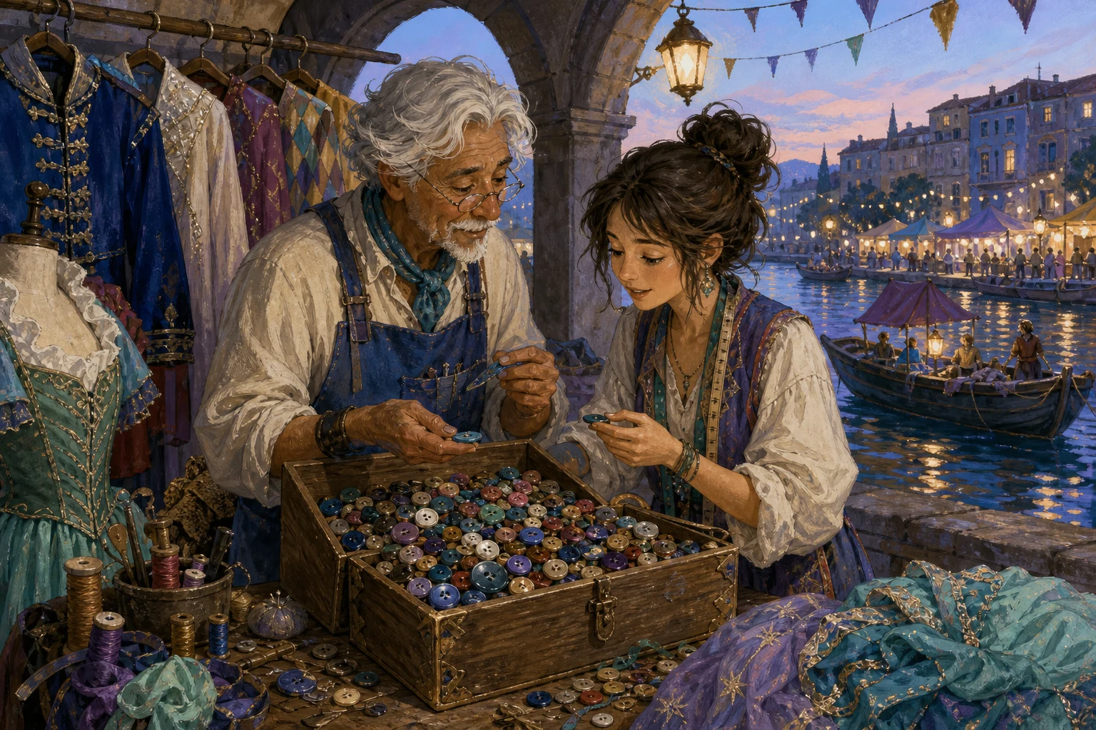 An elderly tailor and young costume designer sort colorful buttons beside handmade theater costumes under a riverside market arcade.