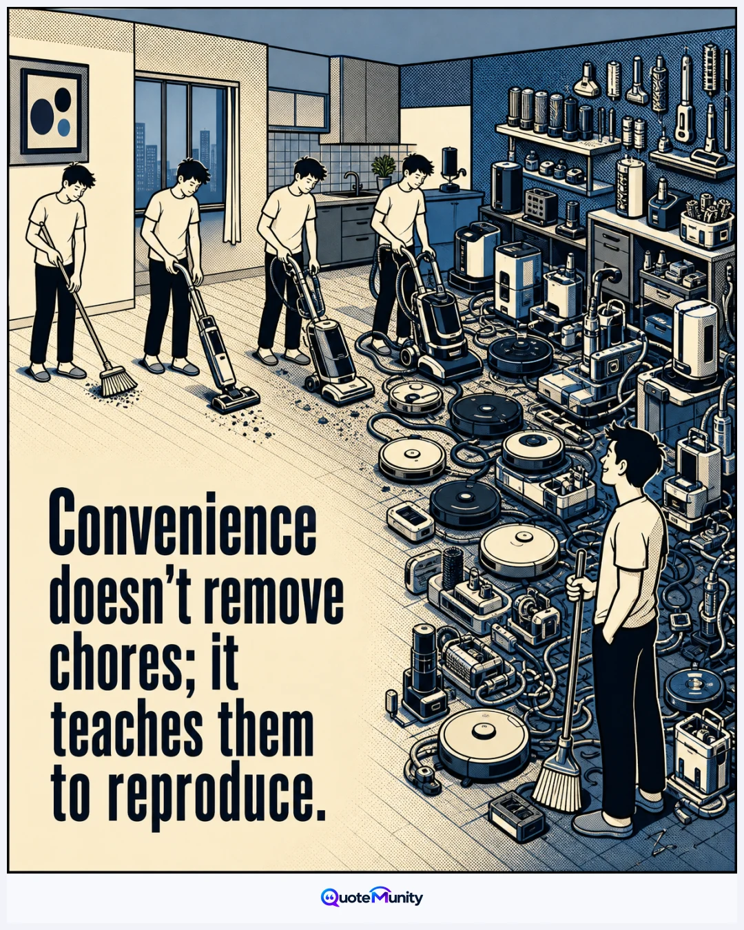Modern conveniences often multiply maintenance, turning saved effort into new layers of upkeep.
