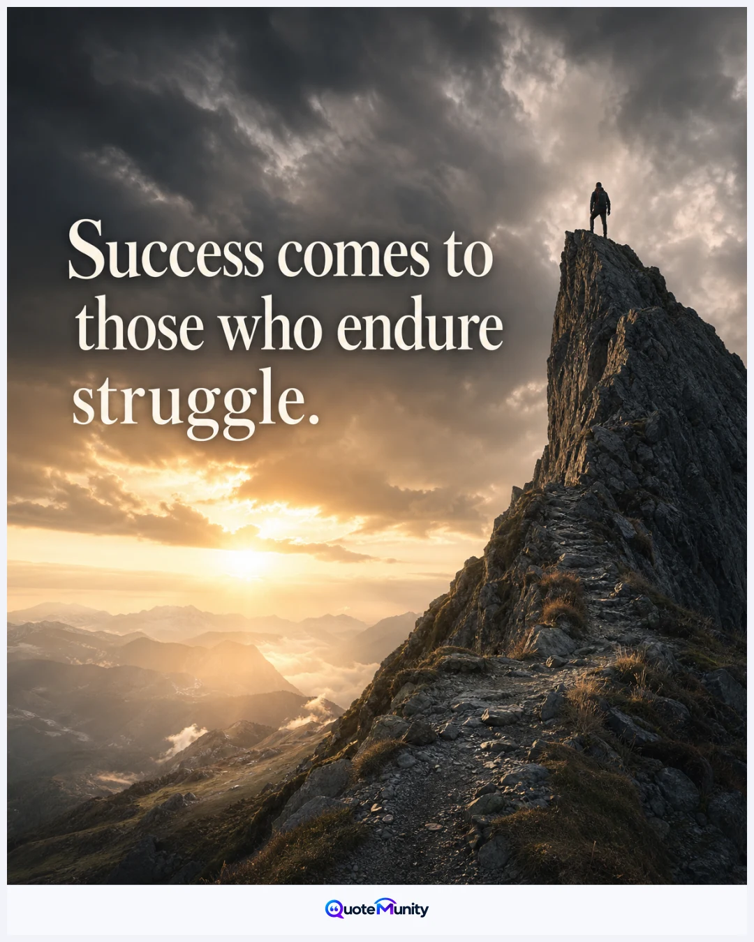 A lone climber conquers a harsh mountain ridge as sunrise breaks through storm clouds, visually connecting endurance with eventual success.